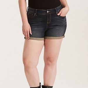Dark Wash Denim Shorts w/ Rolled Hem & High Waist